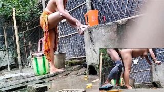 Indian Village Wife Bathing Naked and Gets caught fucking
